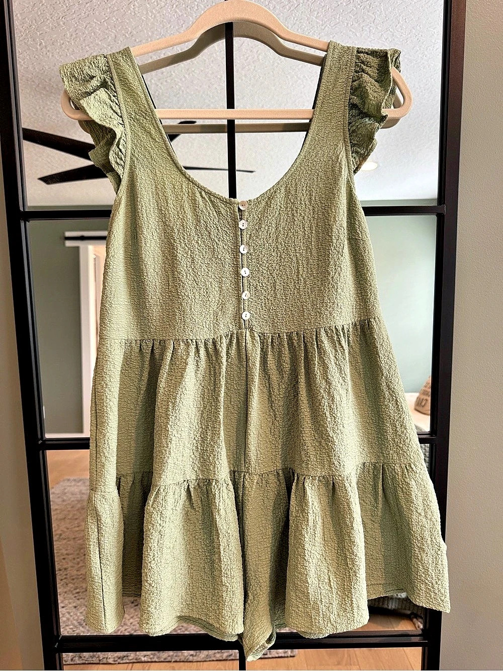Sage Green Textured Tiered Romper – Medium| Boho Vacation Fall Transition